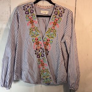 Anthropologie Artemis Embroidered Floral Purple /white striped Blouse